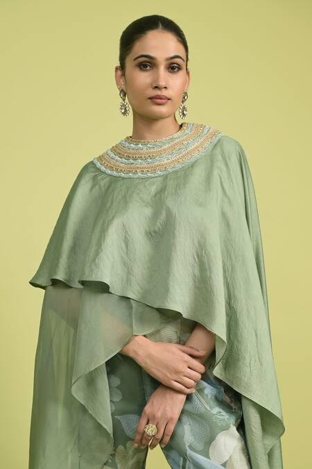 Rishi and Vibhuti_Green Chanderi, Organza Matcha Cape And Sharara Set _Online_at_Aza_Fashions