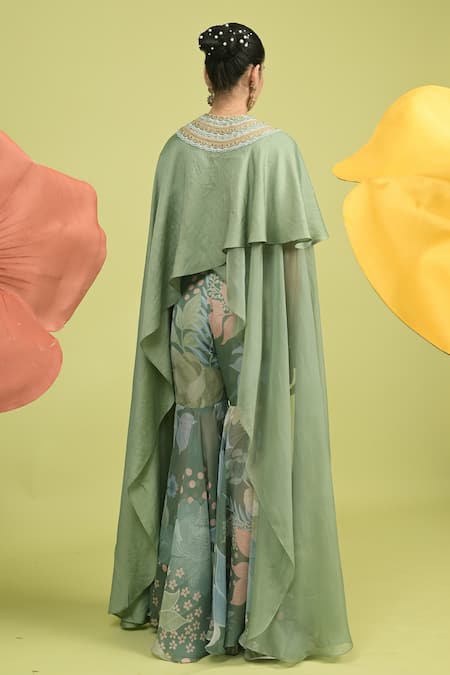 Rishi and Vibhuti Matcha Green Cape & Sharara Set 