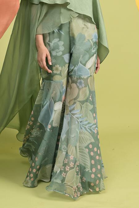 Buy_Rishi and Vibhuti_Green Chanderi, Organza Matcha Cape And Sharara Set _Online_at_Aza_Fashions