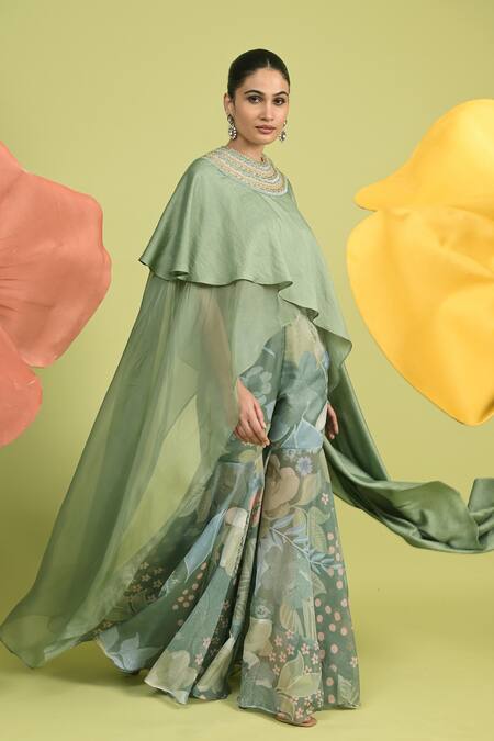 Shop_Rishi and Vibhuti_Green Chanderi, Organza Matcha Cape And Sharara Set _Online_at_Aza_Fashions