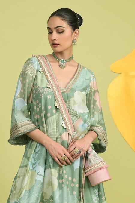 Buy_Rishi and Vibhuti_Green Chanderi, Muslin V-neck Matcha Printed Kurta Set _Online_at_Aza_Fashions
