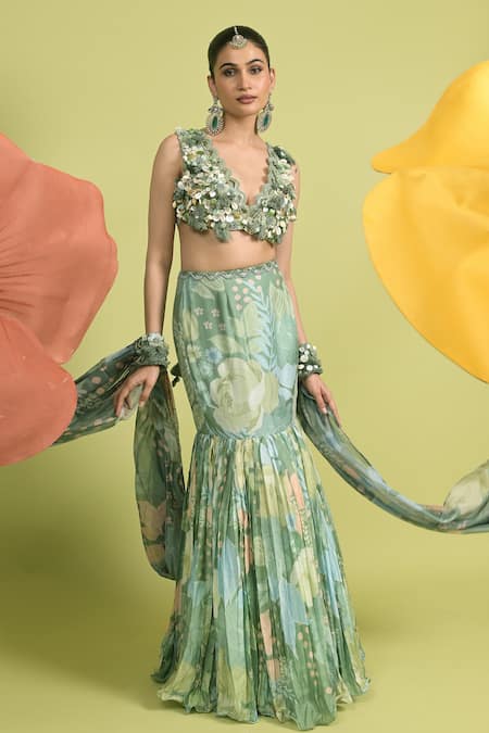 Buy Rishi and Vibhuti Green Muslin, Organza Embroidery, Sequins, Applique V-neck Matcha Lehenga Set Online at Aza Fashions Buy_Rishi and Vibhuti_Green Muslin, Organza Embroidery, Sequins, Applique V-neck Matcha Lehenga Set _Online_at_Aza_Fashions