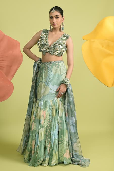 Rishi and Vibhuti Matcha Green Embroidered Lehenga Set 