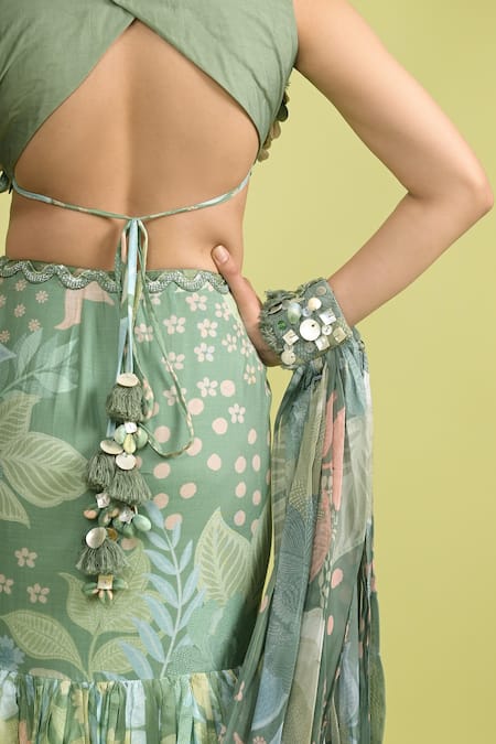 Shop Rishi and Vibhuti Green Muslin, Organza Embroidery, Sequins, Applique V-neck Matcha Lehenga Set Online at Aza Fashions Shop_Rishi and Vibhuti_Green Muslin, Organza Embroidery, Sequins, Applique V-neck Matcha Lehenga Set _Online_at_Aza_Fashions