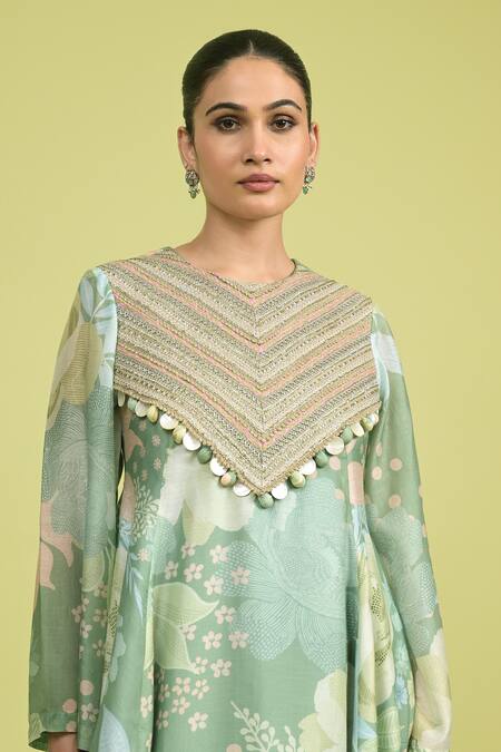 Shop_Rishi and Vibhuti_Green Muslin, Organza V-neck Matcha Printed Kurta Set _Online_at_Aza_Fashions