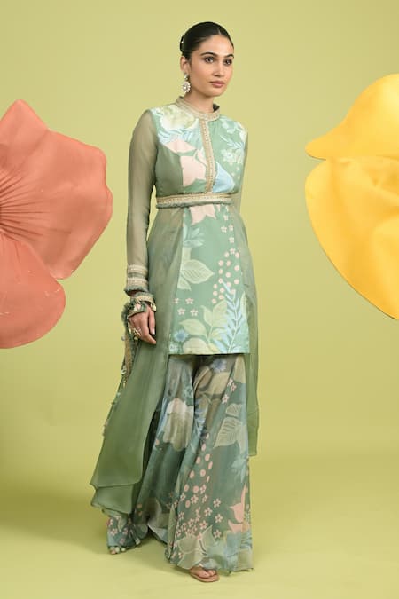 Rishi and Vibhuti_Green Muslin, Organza Round Neck Printed Kurta Set With Sharara And Belt _Online_at_Aza_Fashions