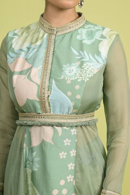 Buy_Rishi and Vibhuti_Green Muslin, Organza Round Neck Printed Kurta Set With Sharara And Belt _Online_at_Aza_Fashions