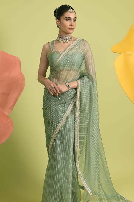 Rishi And Vibhuti_Green Chanderi, Organza Round Neck Matcha Saree Set _Online_at_Aza_Fashions