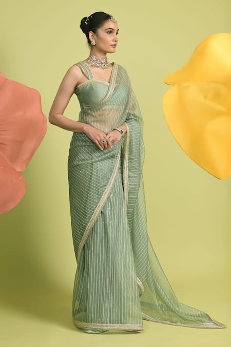 Buy_Rishi And Vibhuti_Green Chanderi, Organza Round Neck Matcha Saree Set _Online_at_Aza_Fashions