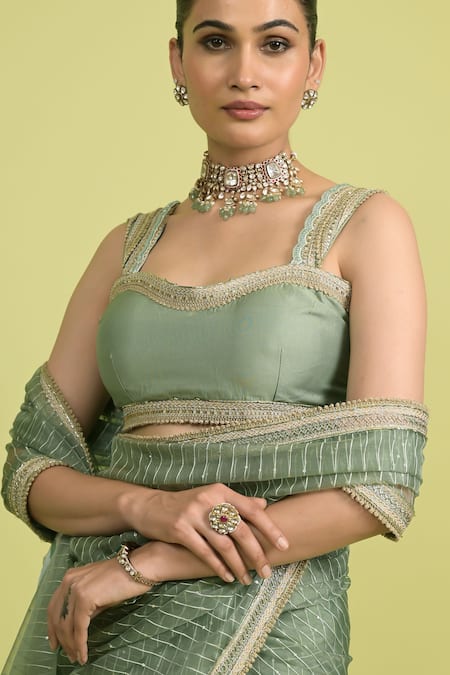 Shop_Rishi And Vibhuti_Green Chanderi, Organza Round Neck Matcha Saree Set _Online_at_Aza_Fashions