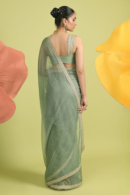 Shop_Rishi And Vibhuti_Green Chanderi, Organza Round Neck Matcha Saree Set _at_Aza_Fashions