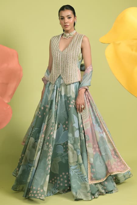 Rishi and Vibhuti Green Organza Beads, Sequins V-neck Floral Print Lehenga Set Online at Aza Fashions Rishi and Vibhuti_Green Organza Beads, Sequins V-neck Floral Print Lehenga Set _Online_at_Aza_Fashions