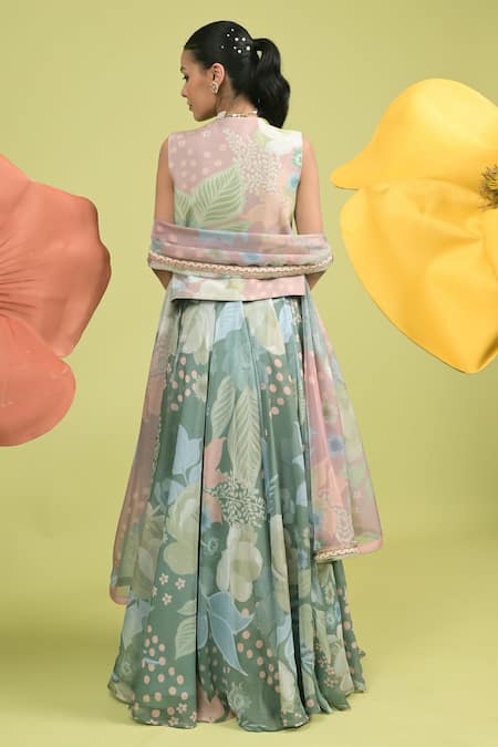 Rishi And Vibhuti Floral Print Organza Lehenga Set 