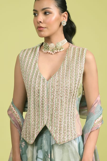 Buy Rishi and Vibhuti Green Organza Beads, Sequins V-neck Floral Print Lehenga Set Online at Aza Fashions Buy_Rishi and Vibhuti_Green Organza Beads, Sequins V-neck Floral Print Lehenga Set _Online_at_Aza_Fashions