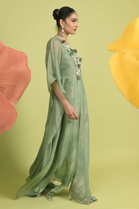 Rishi and Vibhuti Embroidered Matcha Green Kaftan Set 