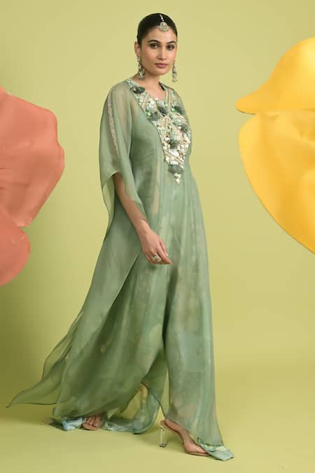 Buy_Rishi and Vibhuti_Green Muslin, Organza Sequins V-neck Embroidered Matcha Kaftan Set _Online_at_Aza_Fashions