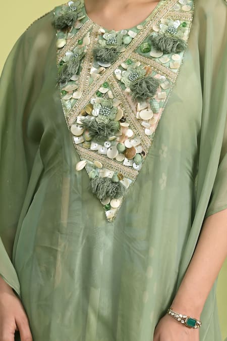 Shop_Rishi and Vibhuti_Green Muslin, Organza Sequins V-neck Embroidered Matcha Kaftan Set _Online_at_Aza_Fashions