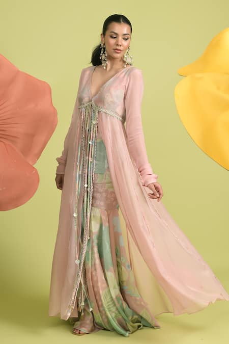 Rishi and Vibhuti_Pink Organza, Cotton, Muslin V-neck Dusky Bloom Anarkali Set _Online_at_Aza_Fashions