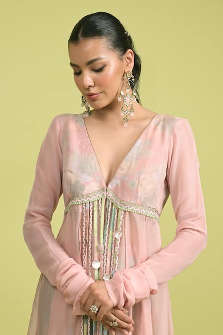 Buy_Rishi and Vibhuti_Pink Organza, Cotton, Muslin V-neck Dusky Bloom Anarkali Set _Online_at_Aza_Fashions