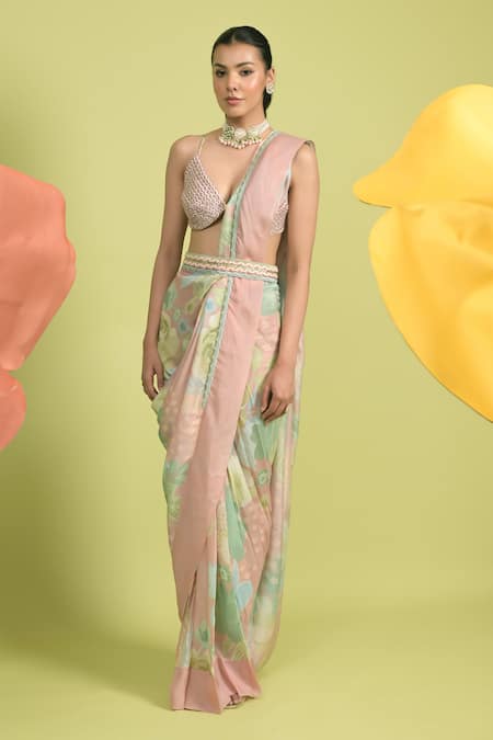 Rishi and Vibhuti Blossom Printed Saree & Bralet Set 