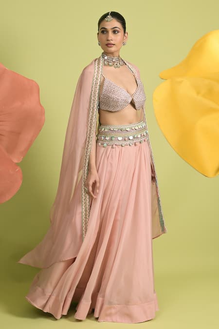 Rishi and Vibhuti_Blush Chanderi, Organza Beads, Embroidery Dusty Pink Dewkissed Lehenga Set _Online_at_Aza_Fashions