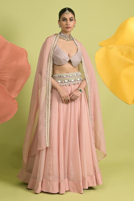 Buy_Rishi and Vibhuti_Blush Chanderi, Organza Beads, Embroidery Dusty Pink Dewkissed Lehenga Set _Online_at_Aza_Fashions