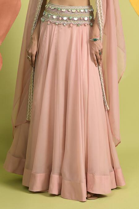 Shop_Rishi and Vibhuti_Blush Chanderi, Organza Beads, Embroidery Dusty Pink Dewkissed Lehenga Set _Online_at_Aza_Fashions