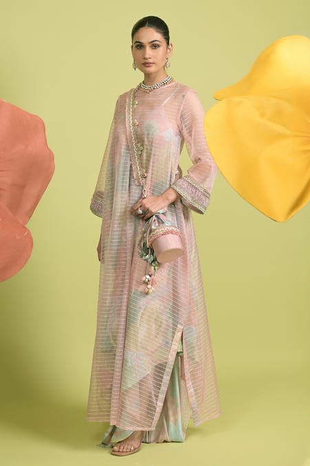Buy_Rishi and Vibhuti_Pink Organza, Muslin Embroidery Round Neck Dusty Kaftan And Maxi Set _Online_at_Aza_Fashions