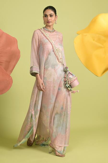 Shop_Rishi and Vibhuti_Pink Organza, Muslin Embroidery Round Neck Dusty Kaftan And Maxi Set _Online_at_Aza_Fashions