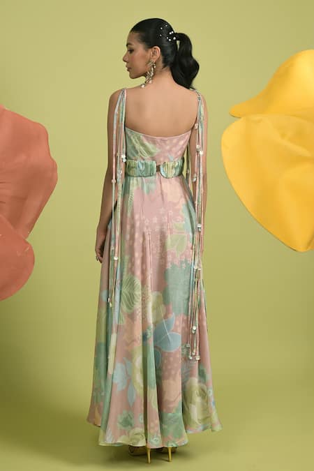 Rishi and Vibhuti Dusty Pink Floral Maxi Dress & Belt 