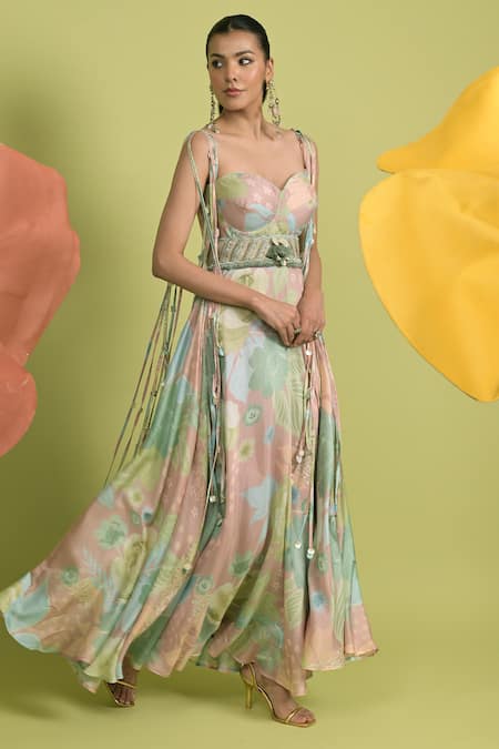 Rishi and Vibhuti_Blush Muslin Embroidery Sweetheart Neck Dusty Pink Floral Maxi Dress And Belt _Online_at_Aza_Fashions