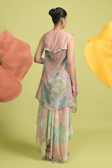 Shop_Rishi And Vibhuti_Blush Muslin, Organza Embroidery V-neck, Dusty Pink Asymmetrical Maxi Dress Set _at_Aza_Fashions
