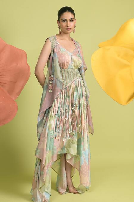 Rishi And Vibhuti_Blush Muslin, Organza Embroidery V-neck, Dusty Pink Asymmetrical Maxi Dress Set _Online_at_Aza_Fashions