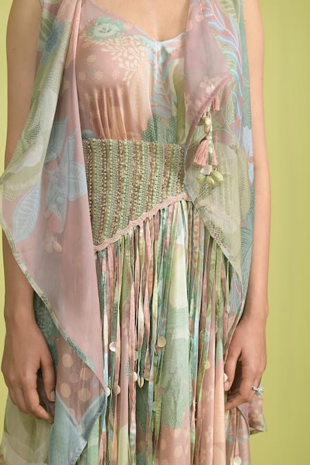Buy_Rishi And Vibhuti_Blush Muslin, Organza Embroidery V-neck, Dusty Pink Asymmetrical Maxi Dress Set _Online_at_Aza_Fashions