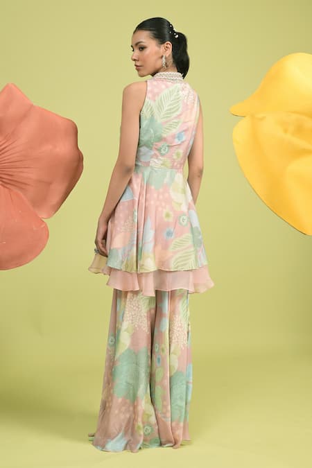 Shop_Rishi And Vibhuti_Blush Muslin, Organza, Cotton Embroidery Peplum Kurta Set With Pants And Dupatta _at_Aza_Fashions