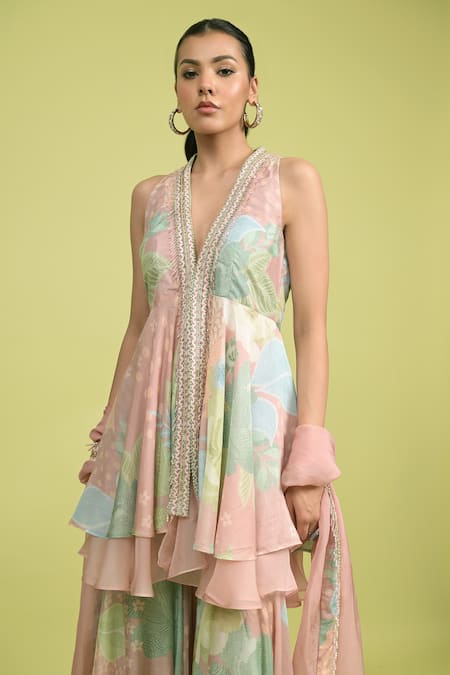 Shop_Rishi And Vibhuti_Blush Muslin, Organza, Cotton Embroidery Peplum Kurta Set With Pants And Dupatta _Online_at_Aza_Fashions