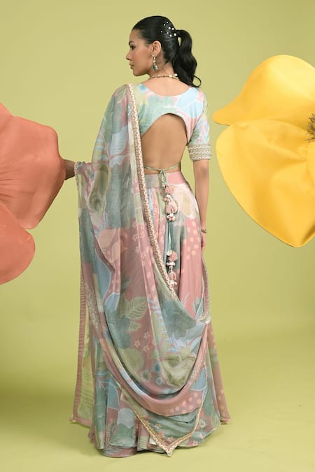 Shop_Rishi And Vibhuti_Blush Organza, Muslin Embroidery V-neck Floral Print Empress Rose Lehenga Set _at_Aza_Fashions