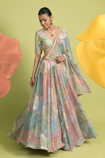 Rishi And Vibhuti_Blush Organza, Muslin Embroidery V-neck Floral Print Empress Rose Lehenga Set _Online_at_Aza_Fashions