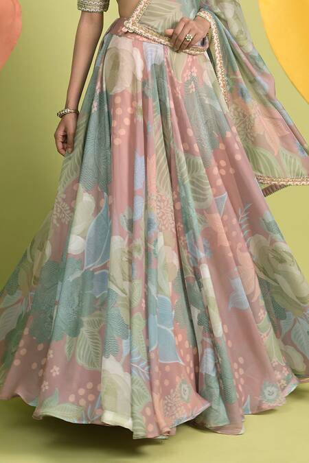 Buy_Rishi And Vibhuti_Blush Organza, Muslin Embroidery V-neck Floral Print Empress Rose Lehenga Set _Online_at_Aza_Fashions