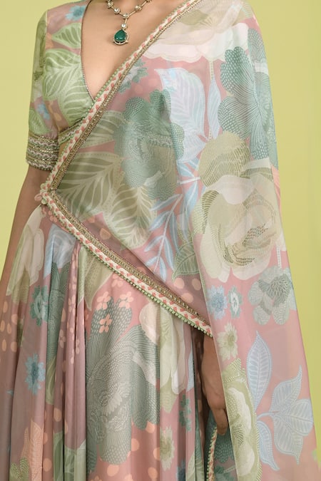Shop_Rishi And Vibhuti_Blush Organza, Muslin Embroidery V-neck Floral Print Empress Rose Lehenga Set _Online_at_Aza_Fashions