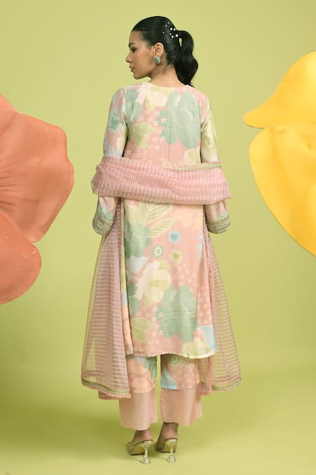 Shop_Rishi And Vibhuti_Blush Organza, Muslin Embroidery V-neck Dusty Pink Choga Set With Embellishments _at_Aza_Fashions