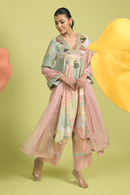 Rishi And Vibhuti_Blush Organza, Muslin Embroidery V-neck Dusty Pink Choga Set With Embellishments _Online_at_Aza_Fashions
