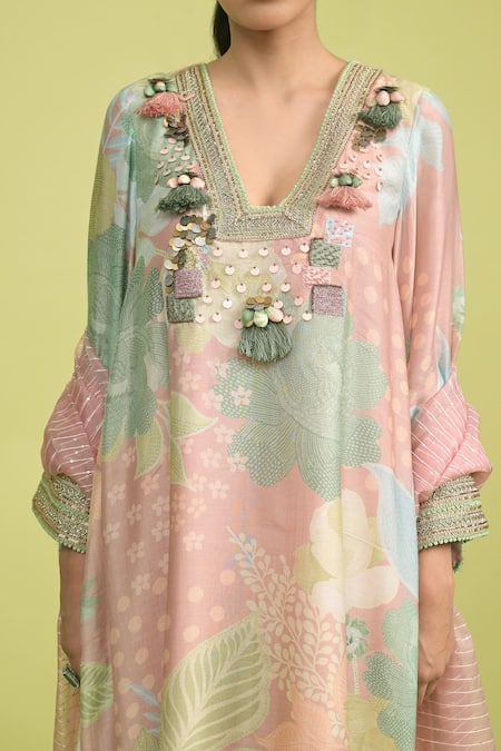 Shop_Rishi And Vibhuti_Blush Organza, Muslin Embroidery V-neck Dusty Pink Choga Set With Embellishments _Online_at_Aza_Fashions