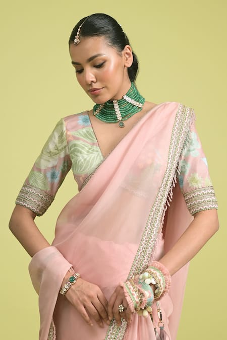 Rishi And Vibhuti_Blush Muslin, Organza, Cotton Embroidery Elysian Designer Dusty Pink Saree Set _Online_at_Aza_Fashions