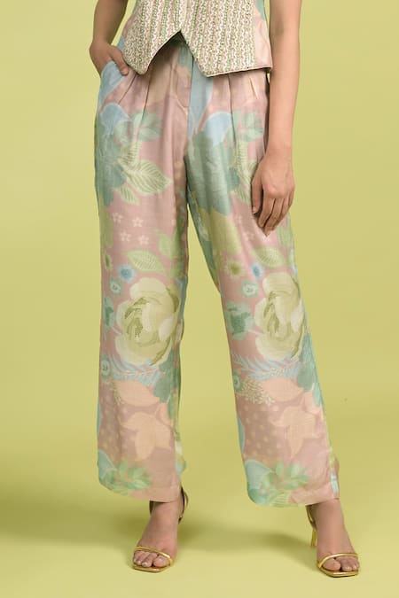 Rishi And Vibhuti_Blush Muslin V-neck Dusty Pink Waistcoat And Pant Set _Online_at_Aza_Fashions