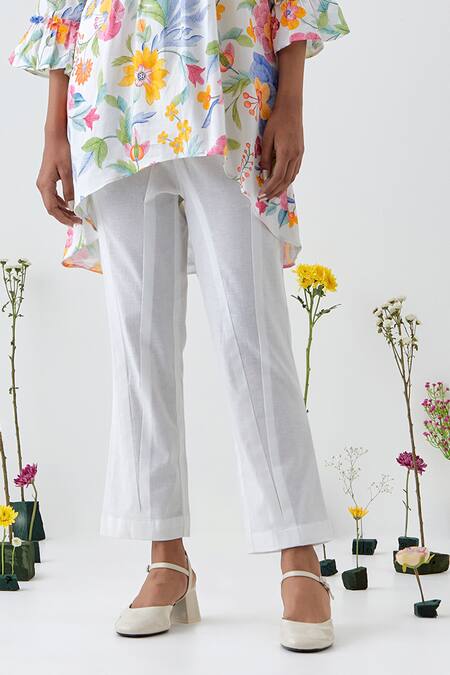 Chrkha_White Cotton, Linen Lace Collared Floral Printed Tunic Co-ord Set _Online_at_Aza_Fashions