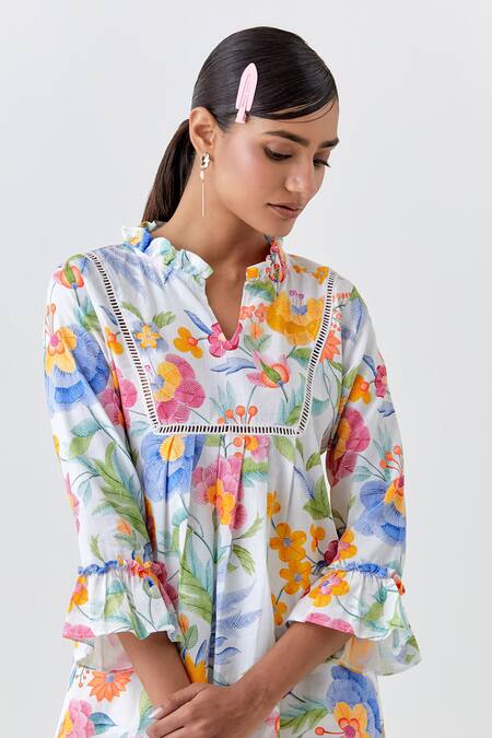 Buy_Chrkha_White Cotton, Linen Lace Collared Floral Printed Tunic Co-ord Set _Online_at_Aza_Fashions