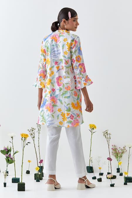 Chrkha Floral Printed White Tunic Co-Ord Set 