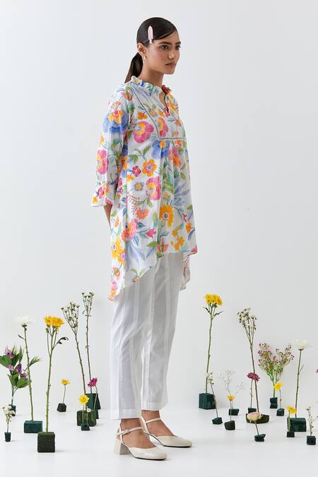 Shop_Chrkha_White Cotton, Linen Lace Collared Floral Printed Tunic Co-ord Set _Online_at_Aza_Fashions