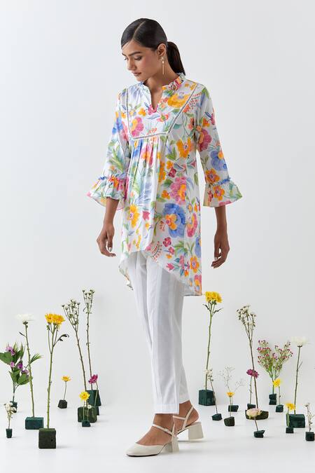 Chrkha_White Cotton, Linen Lace Collared Floral Printed Tunic Co-ord Set _at_Aza_Fashions